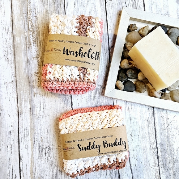 SET Suddy Buddy Soap Saver & Washcloth Cotton N' Kandi, Handmade Crochet - Picture 1 of 1